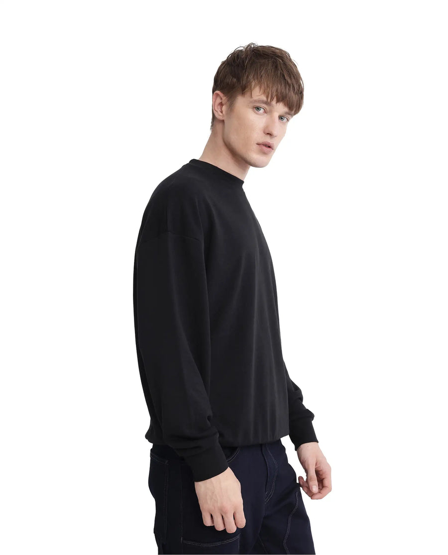 Rare Rabbit Men's Deric Black Cotton Blend Graphic Print Boxy Fit Full Sleeve Crew Neck Sweatshirt