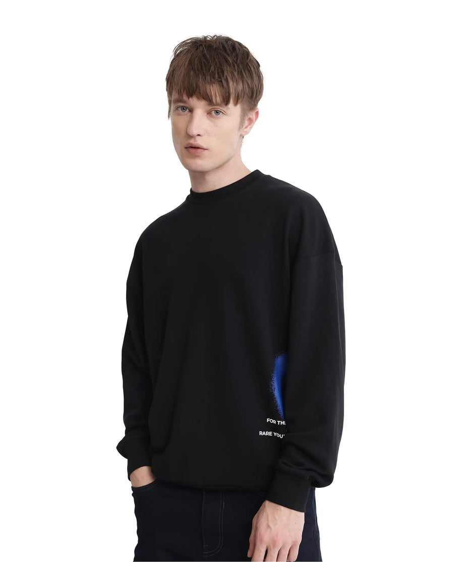 Rare Rabbit Men's Deric Black Cotton Blend Graphic Print Boxy Fit Full Sleeve Crew Neck Sweatshirt