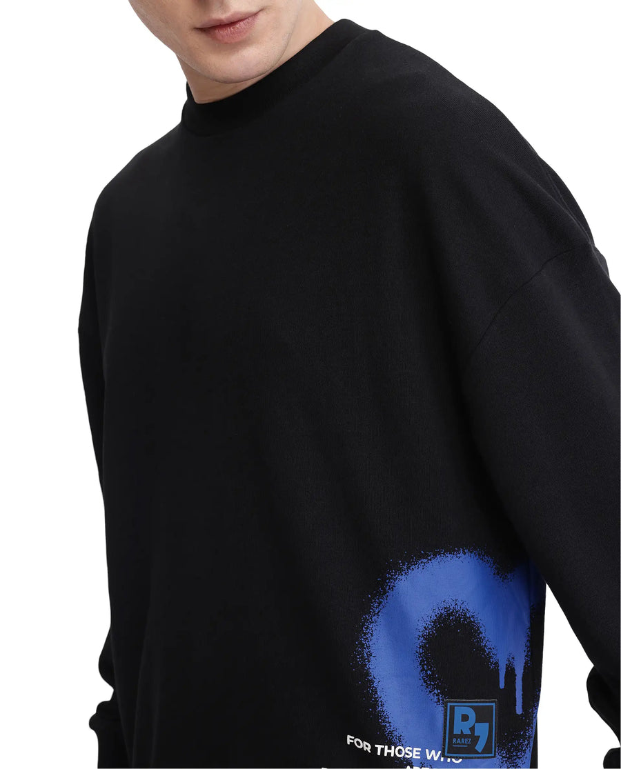 Rare Rabbit Men's Deric Black Cotton Blend Graphic Print Boxy Fit Full Sleeve Crew Neck Sweatshirt