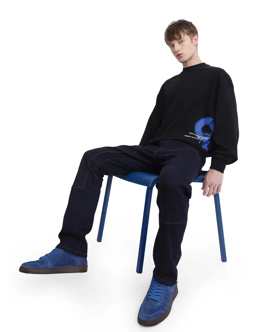 Rare Rabbit Men's Deric Black Cotton Blend Graphic Print Boxy Fit Full Sleeve Crew Neck Sweatshirt