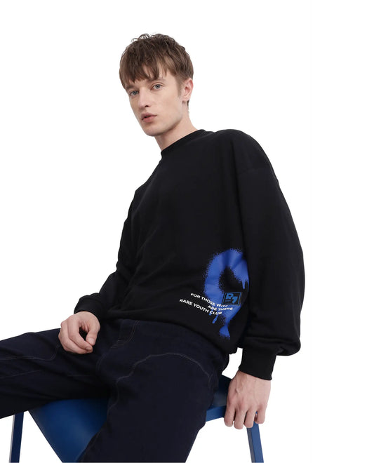 Rare Rabbit Men's Deric Black Cotton Blend Graphic Print Boxy Fit Full Sleeve Crew Neck Sweatshirt