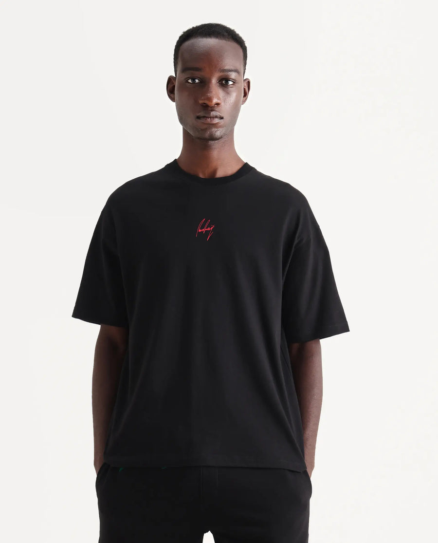Rare Rabbit Men's Derion Black Cotton Label Print Boxy Fit Half Sleeve Crew Neck T-Shirt