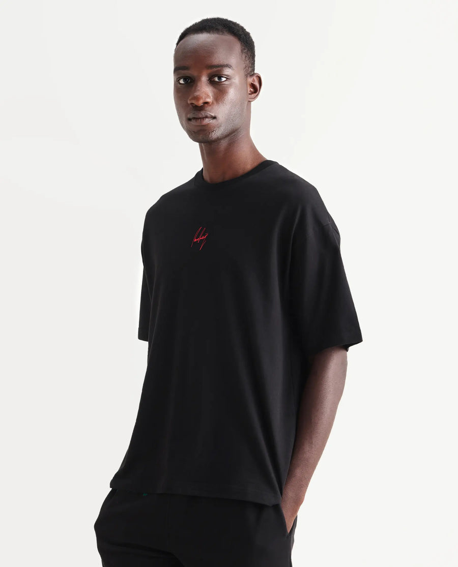 Rare Rabbit Men's Derion Black Cotton Label Print Boxy Fit Half Sleeve Crew Neck T-Shirt