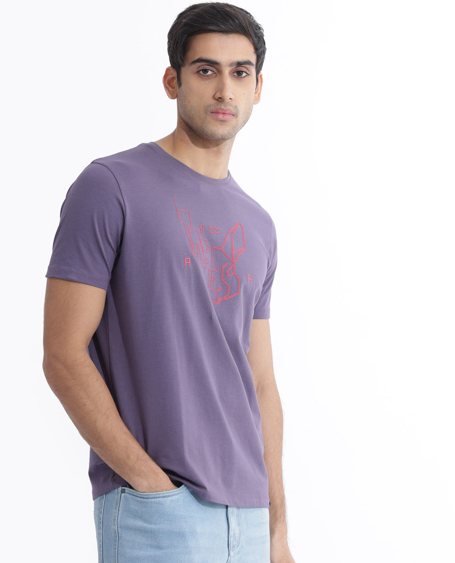 Rare Rabbit Men's Dern Dusky Purple Cotton Blend Graphic Print Regular Fit Half Sleeve Crew Neck T-Shirt