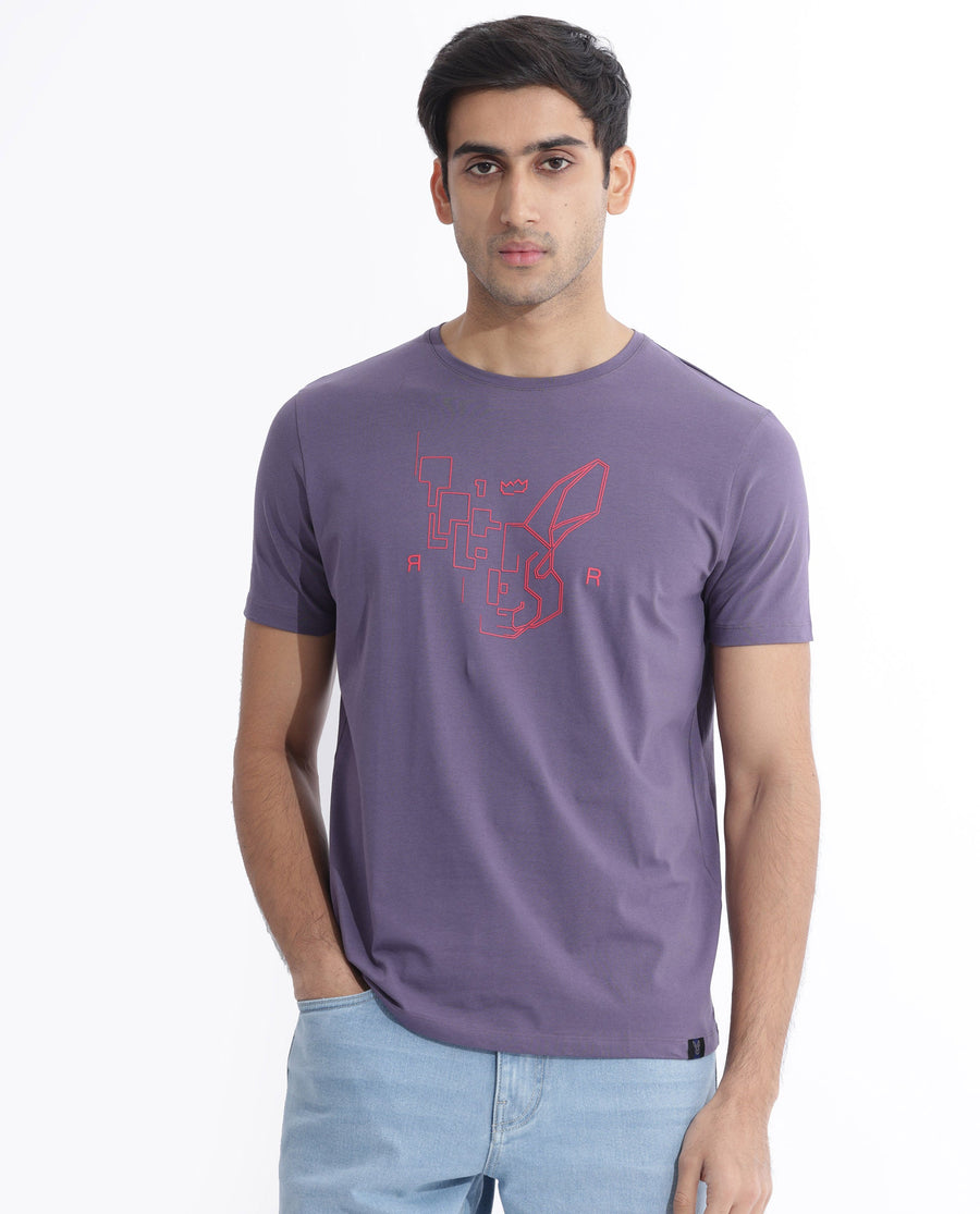 Rare Rabbit Men's Dern Dusky Purple Cotton Blend Graphic Print Regular Fit Half Sleeve Crew Neck T-Shirt