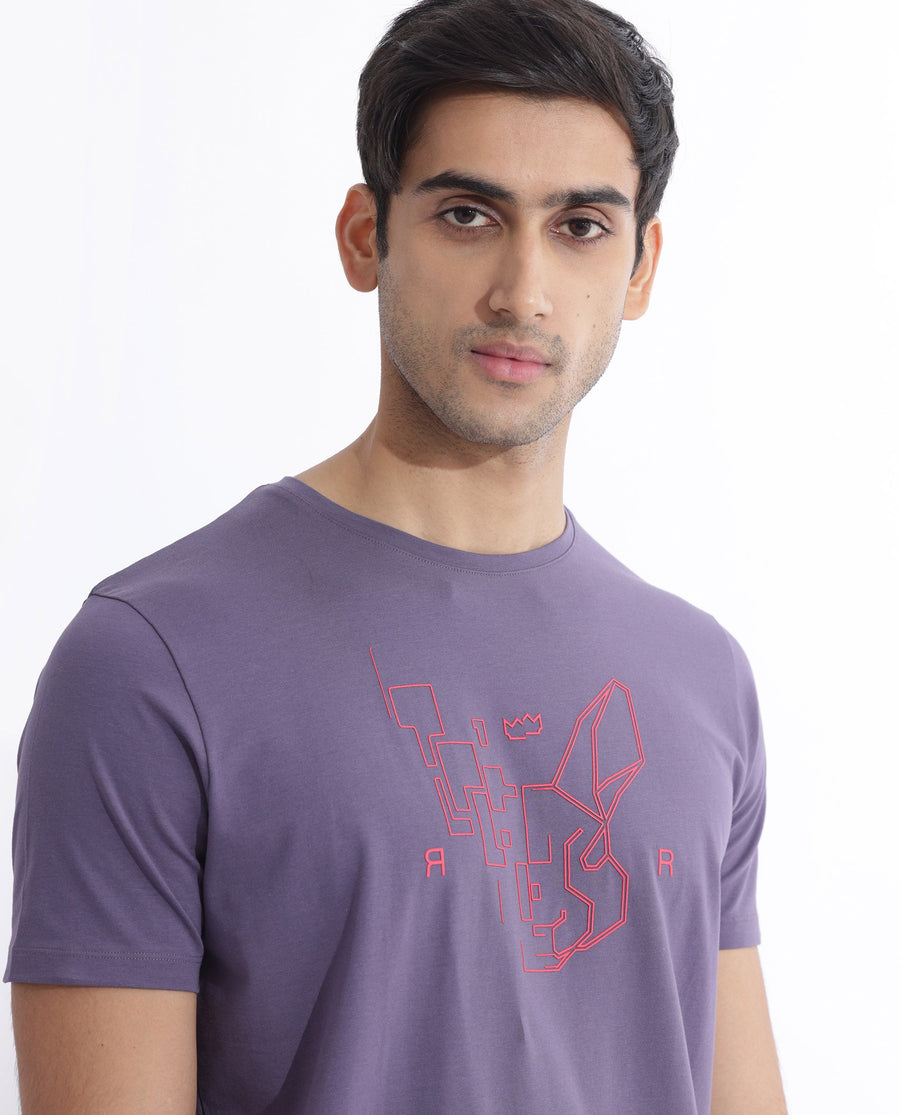 Rare Rabbit Men's Dern Dusky Purple Cotton Blend Graphic Print Regular Fit Half Sleeve Crew Neck T-Shirt