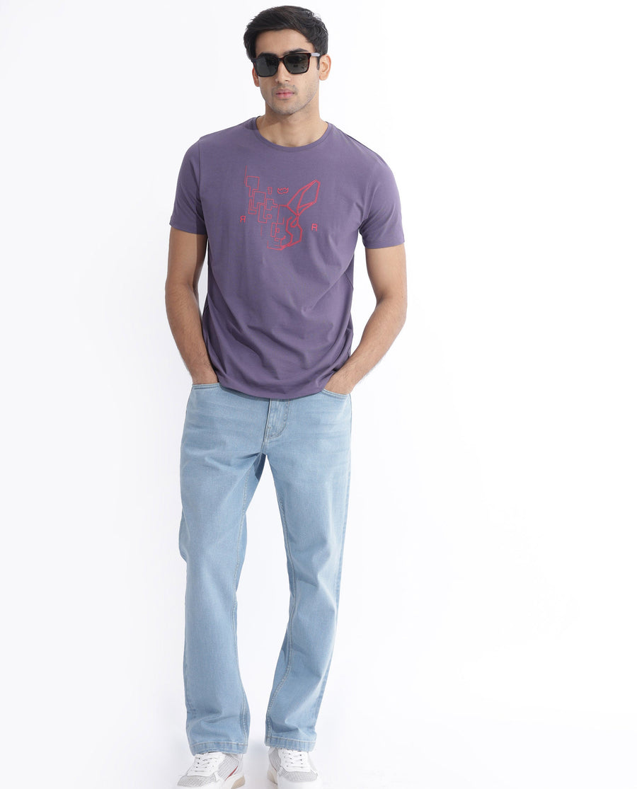 Rare Rabbit Men's Dern Dusky Purple Cotton Blend Graphic Print Regular Fit Half Sleeve Crew Neck T-Shirt