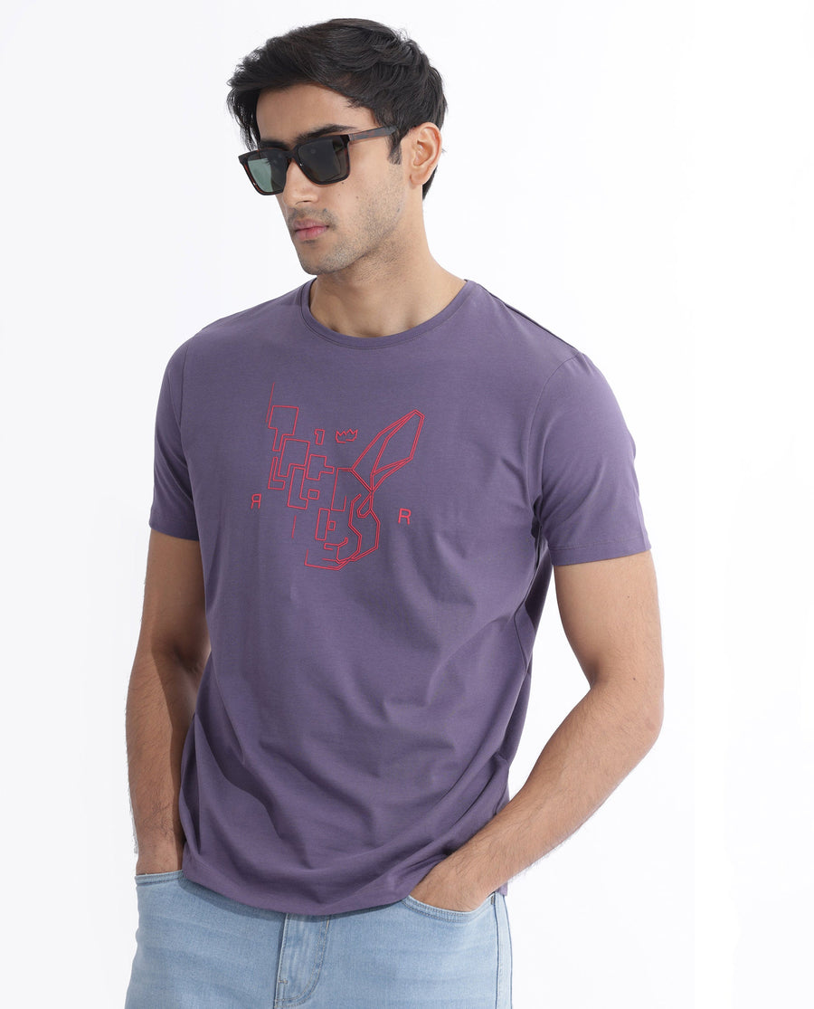 Rare Rabbit Men's Dern Dusky Purple Cotton Blend Graphic Print Regular Fit Half Sleeve Crew Neck T-Shirt