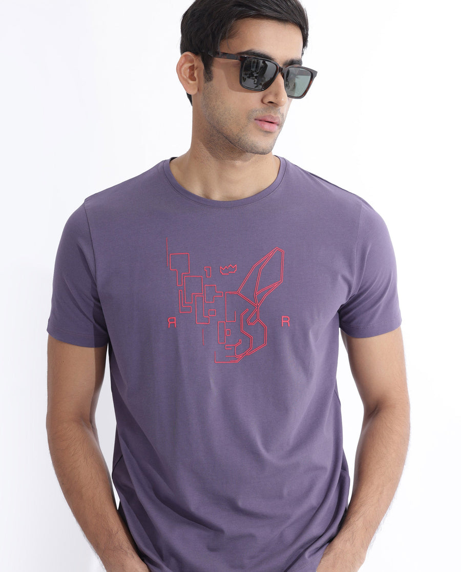 Rare Rabbit Men's Dern Dusky Purple Cotton Blend Graphic Print Regular Fit Half Sleeve Crew Neck T-Shirt