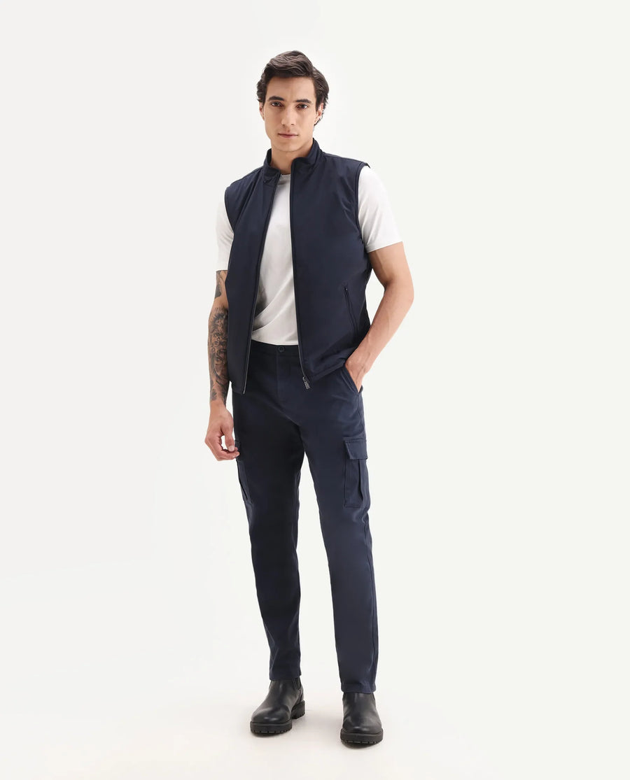 Rare Rabbit Men's Derry Navy Polyester Fabric High Neck Regular Fit Plain Jacket