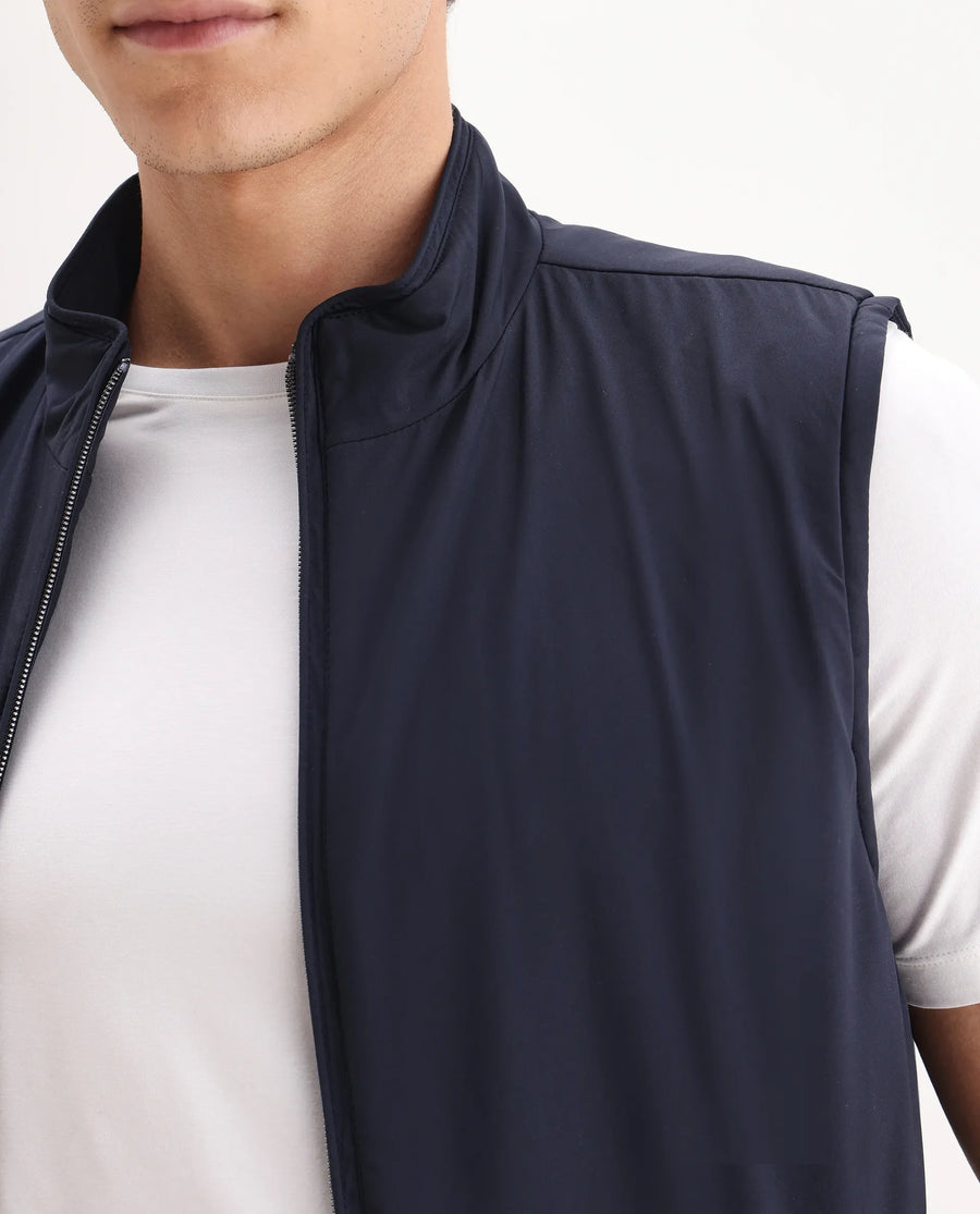 Rare Rabbit Men's Derry Navy Polyester Fabric High Neck Regular Fit Plain Jacket