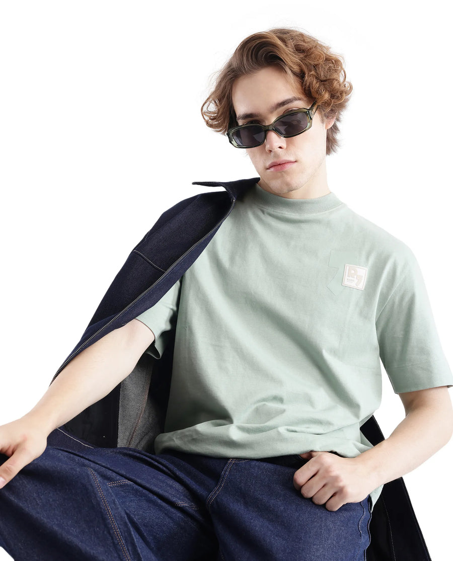 Rare Rabbit Men's Deus Dusky Green Cotton Hd Print Boxy Fit Half Sleeve Crew Neck T-Shirt