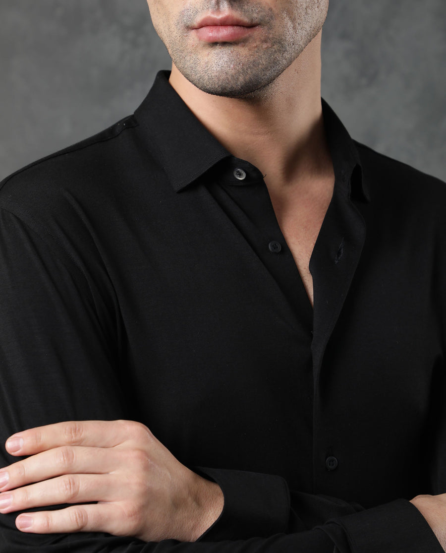 Rare Rabbit Men's Zaco Black Cotton Plain Regular Fit Full Sleeve Collared Shirt
