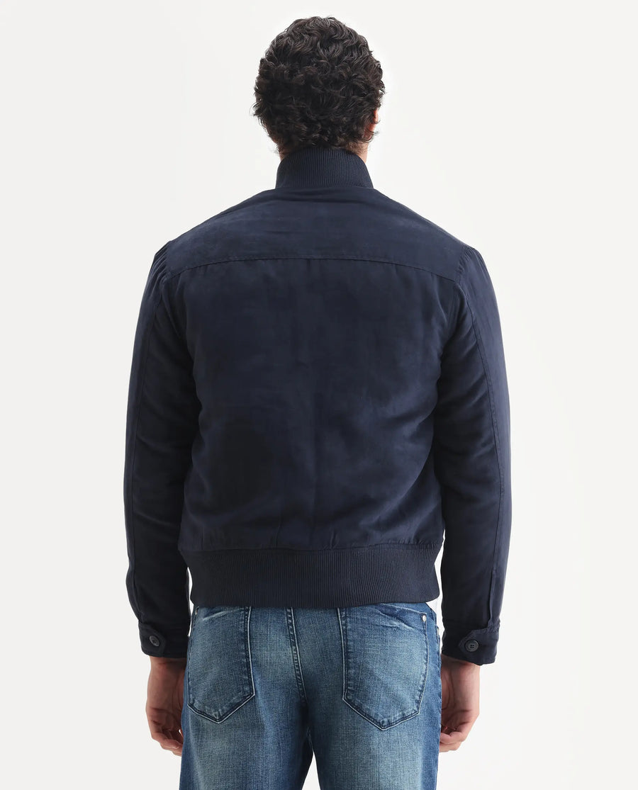 Rare Rabbit Men's Deue Navy Polyester Plain Regular Fit Full Sleeve Ribbed Collar Jacket