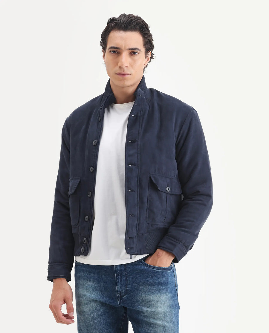 Rare Rabbit Men's Deue Navy Polyester Plain Regular Fit Full Sleeve Ribbed Collar Jacket
