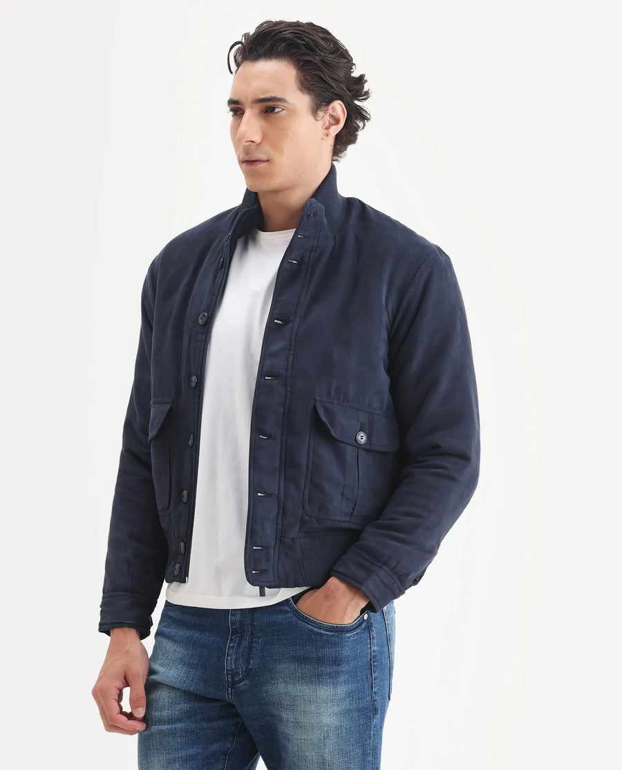 Rare Rabbit Men's Deue Navy Polyester Plain Regular Fit Full Sleeve Ribbed Collar Jacket