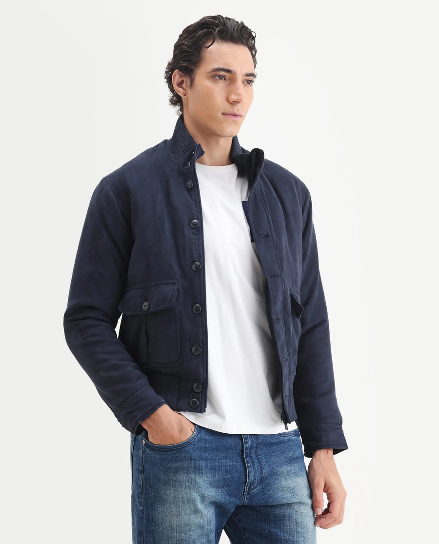 Rare Rabbit Men's Deue Navy Polyester Plain Regular Fit Full Sleeve Ribbed Collar Jacket