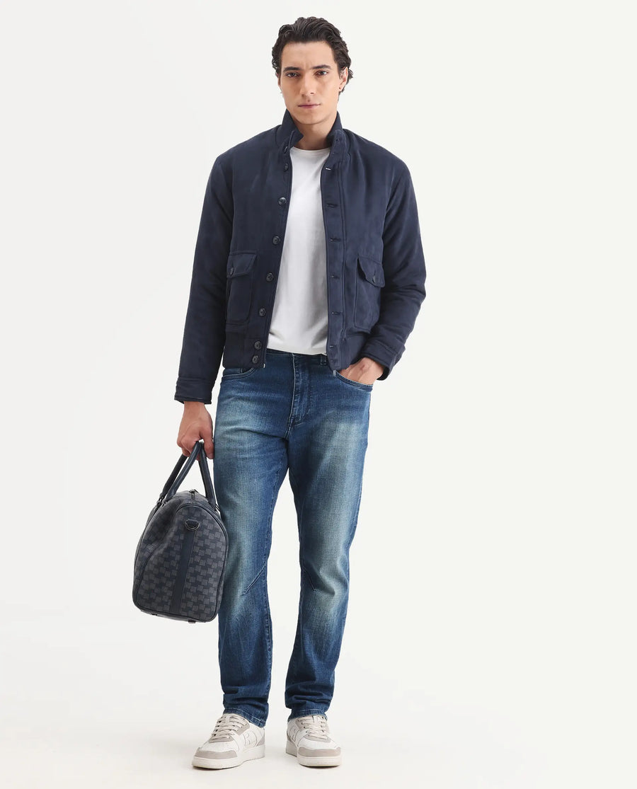 Rare Rabbit Men's Deue Navy Polyester Plain Regular Fit Full Sleeve Ribbed Collar Jacket