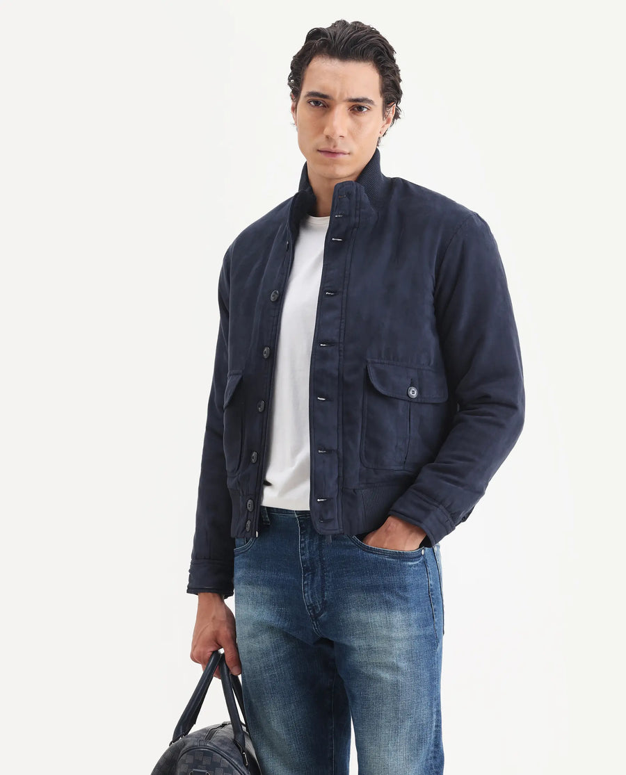 Rare Rabbit Men's Deue Navy Polyester Plain Regular Fit Full Sleeve Ribbed Collar Jacket
