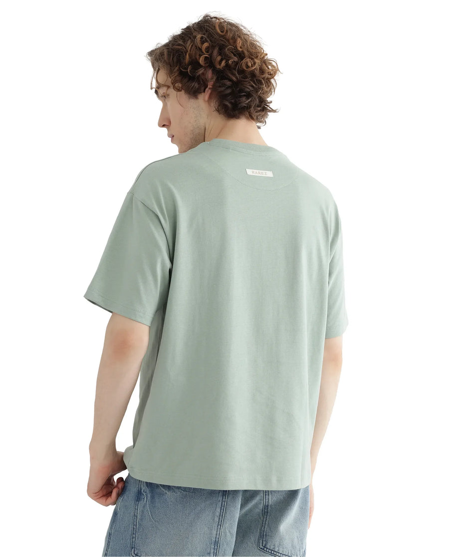 Rare Rabbit Men's Deus Dusky Green Cotton Hd Print Boxy Fit Half Sleeve Crew Neck T-Shirt