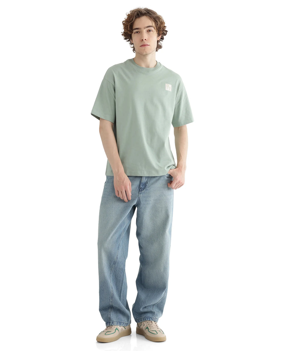 Rare Rabbit Men's Deus Dusky Green Cotton Hd Print Boxy Fit Half Sleeve Crew Neck T-Shirt