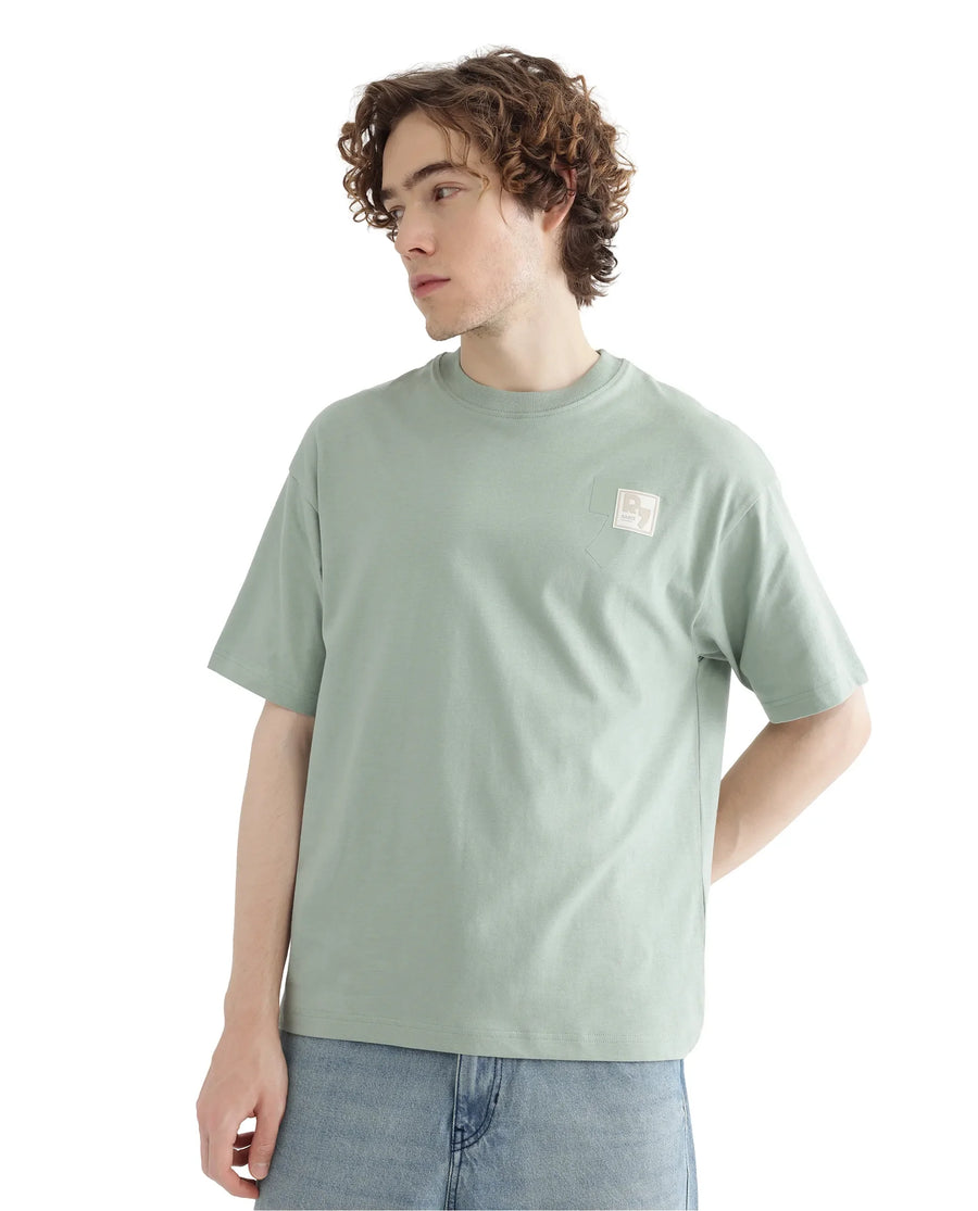 Rare Rabbit Men's Deus Dusky Green Cotton Hd Print Boxy Fit Half Sleeve Crew Neck T-Shirt