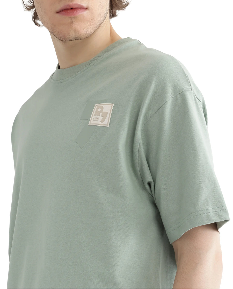 Rare Rabbit Men's Deus Dusky Green Cotton Hd Print Boxy Fit Half Sleeve Crew Neck T-Shirt