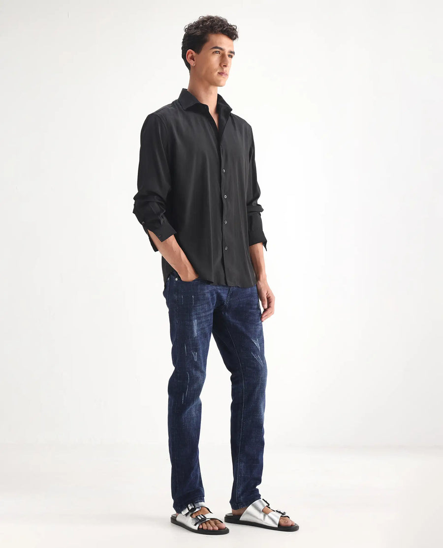 Rare Rabbit Men's Devin Blue Cotton Blend Plain Hawk Slim Fit Jeans