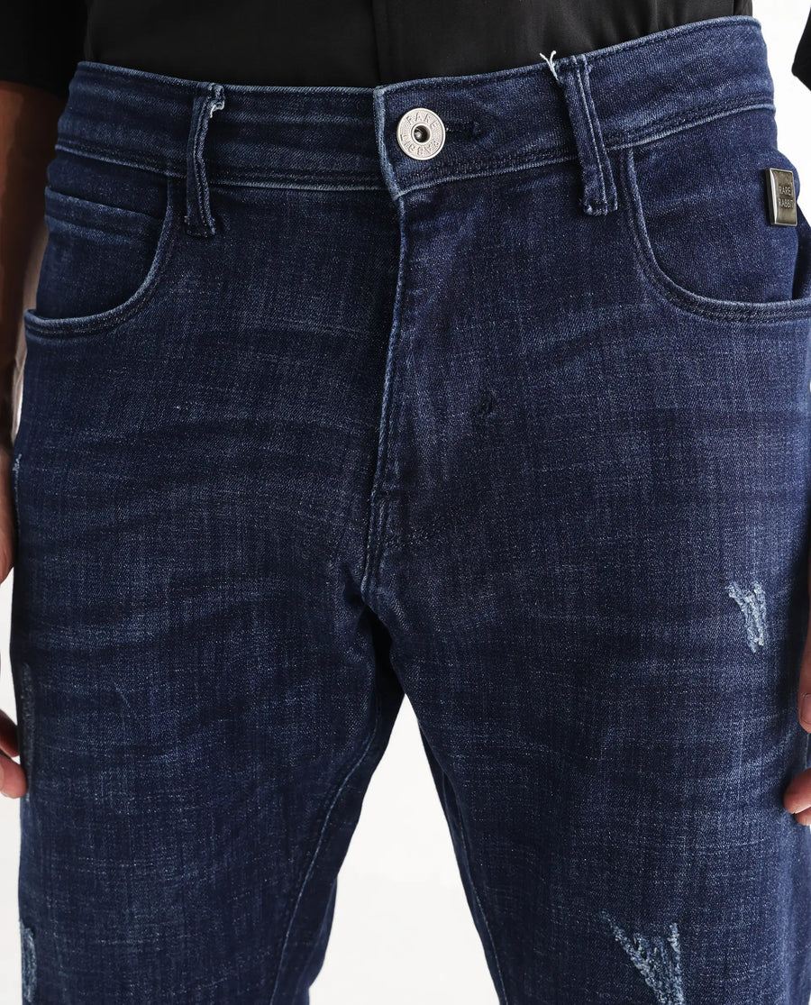 Rare Rabbit Men's Devin Blue Cotton Blend Plain Hawk Slim Fit Jeans