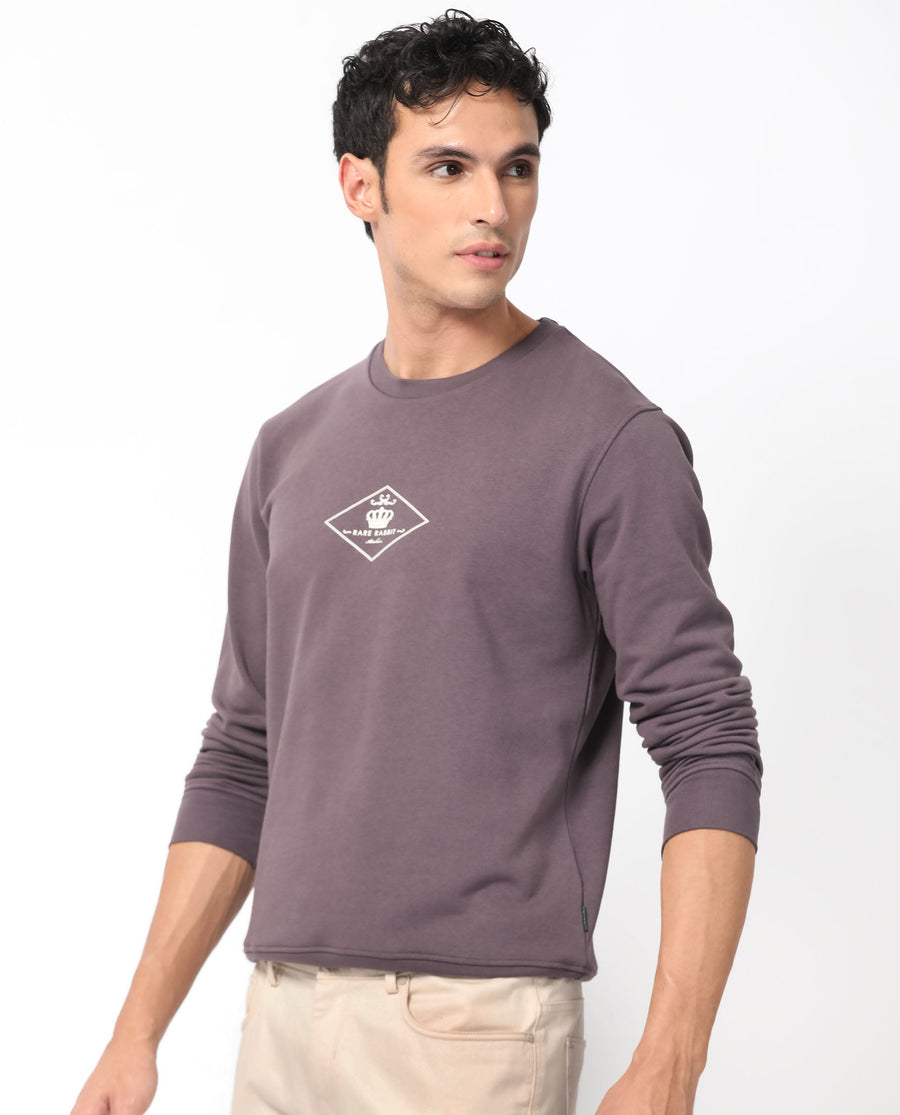 Rare Rabbit Men's Devonn Purple Cotton Graphic Print Regular Fit Full Sleeve Crew Neck Sweatshirt