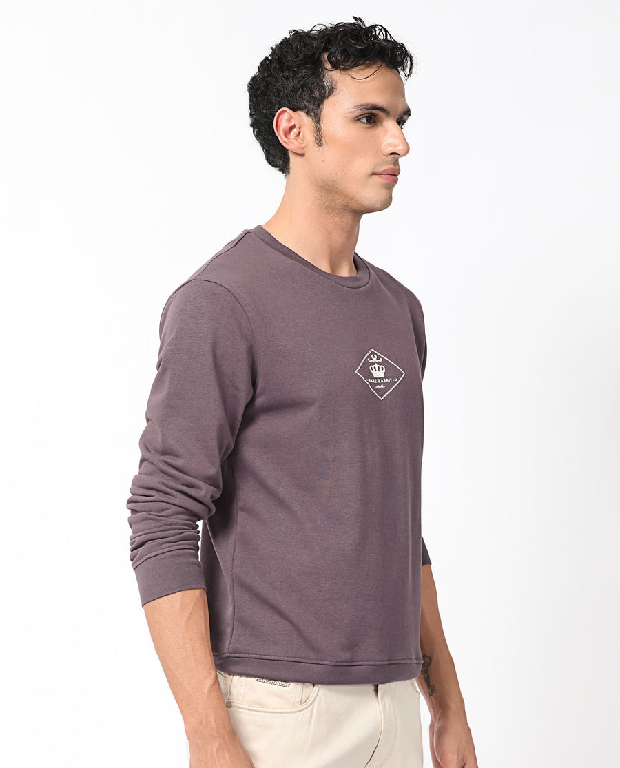 Rare Rabbit Men's Devonn Purple Cotton Graphic Print Regular Fit Full Sleeve Crew Neck Sweatshirt