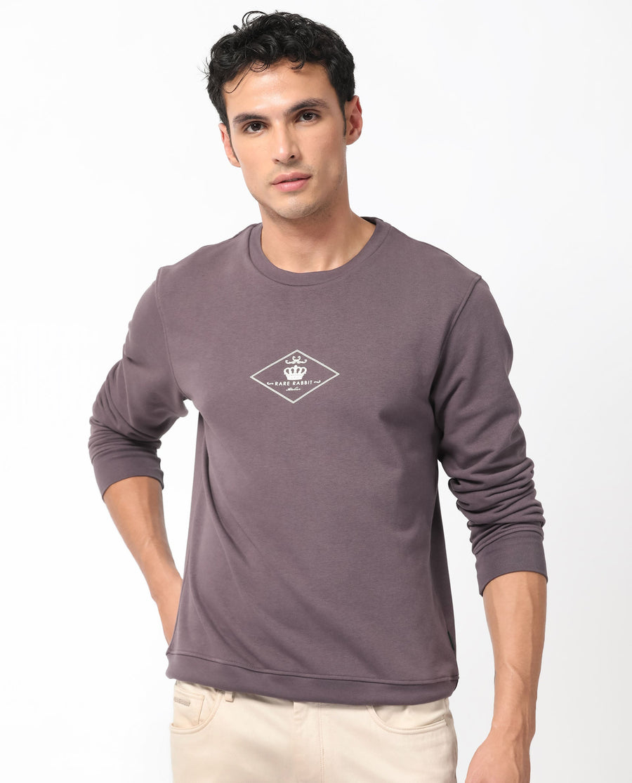 Rare Rabbit Men's Devonn Purple Cotton Graphic Print Regular Fit Full Sleeve Crew Neck Sweatshirt