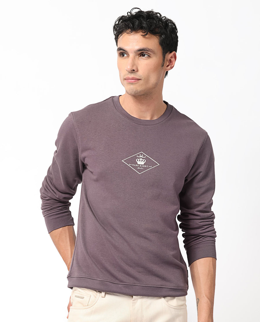 Rare Rabbit Men's Devonn Purple Cotton Graphic Print Regular Fit Full Sleeve Crew Neck Sweatshirt