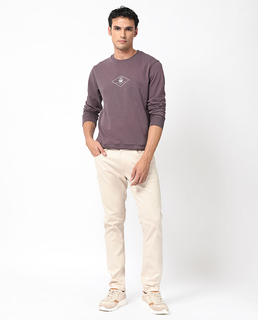 Rare Rabbit Men's Devonn Purple Cotton Graphic Print Regular Fit Full Sleeve Crew Neck Sweatshirt