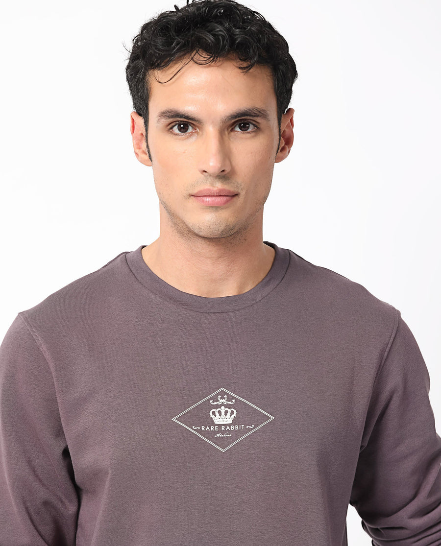 Rare Rabbit Men's Devonn Purple Cotton Graphic Print Regular Fit Full Sleeve Crew Neck Sweatshirt