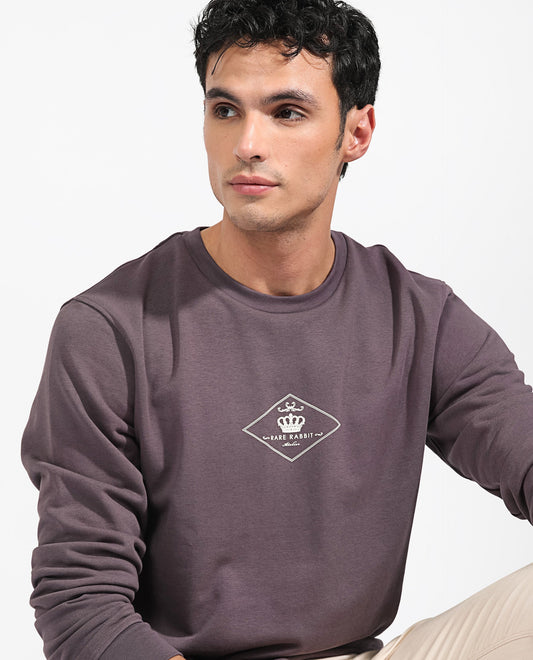 Rare Rabbit Men's Devonn Purple Cotton Graphic Print Regular Fit Full Sleeve Crew Neck Sweatshirt