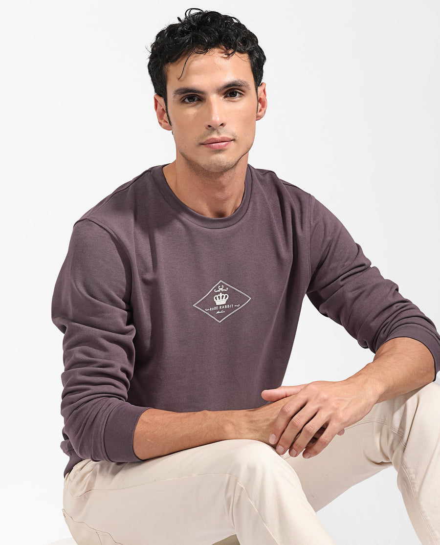 Rare Rabbit Men's Devonn Purple Cotton Graphic Print Regular Fit Full Sleeve Crew Neck Sweatshirt