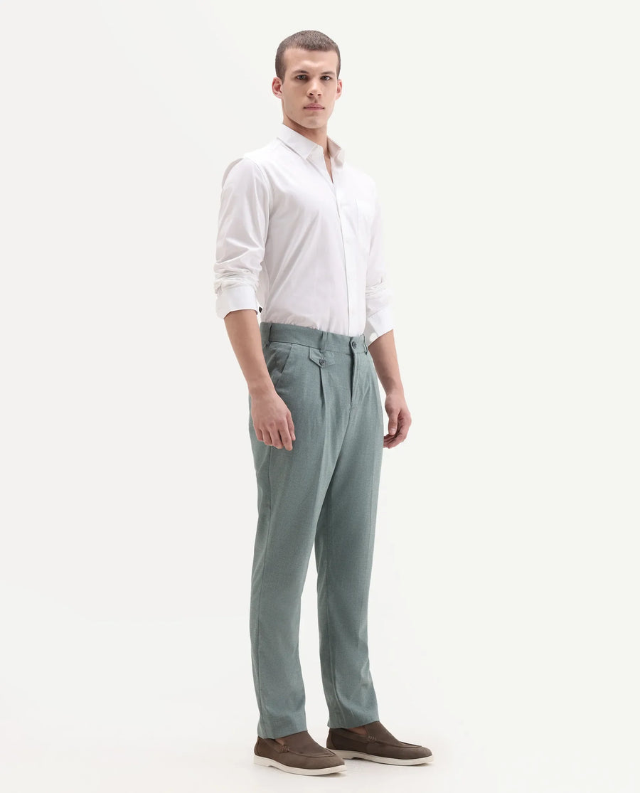 Rare Rabbit Men's Dex Green Cotton Plain Regular Fit Trouser