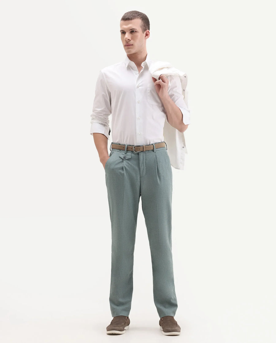 Rare Rabbit Men's Dex Green Cotton Plain Regular Fit Trouser