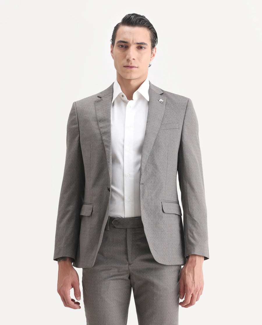 Rare Rabbit Men's Dexter Grey Viscose Jacquard Tailored Fit Full Sleeve Lapel Neck Suits
