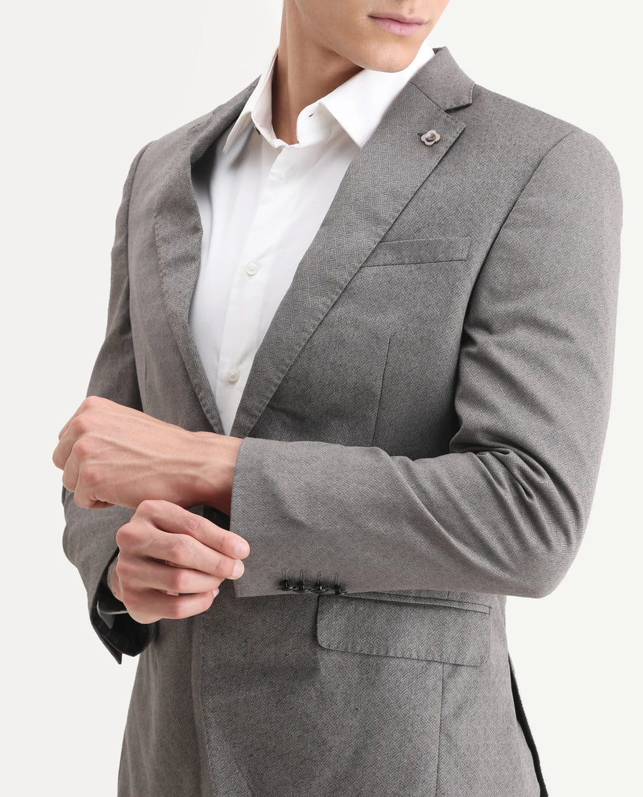 Rare Rabbit Men's Dexter Grey Viscose Jacquard Tailored Fit Full Sleeve Lapel Neck Suits