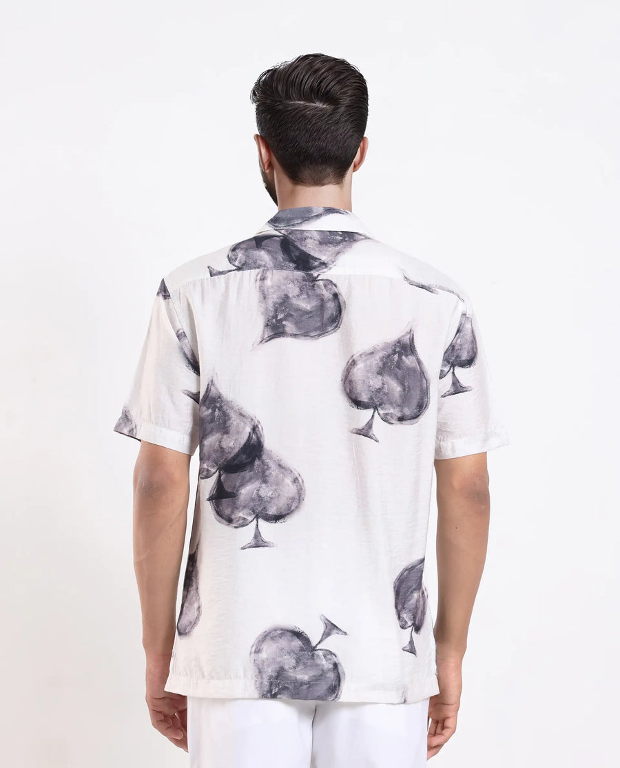 Rare Rabbit Men's Diam White Viscose Blend Digital Print Regular Fit Half Sleeve Cuban Collar Shirt