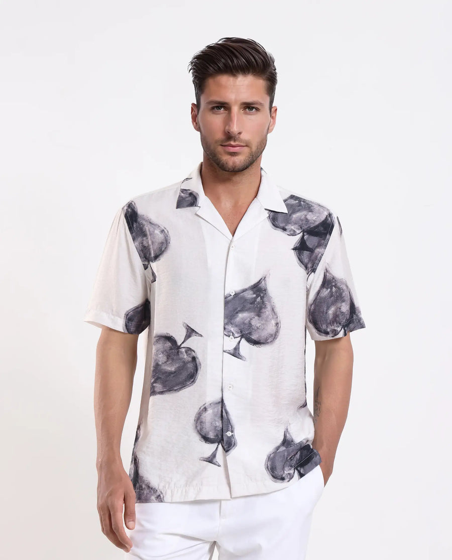 Rare Rabbit Men's Diam White Viscose Blend Digital Print Regular Fit Half Sleeve Cuban Collar Shirt