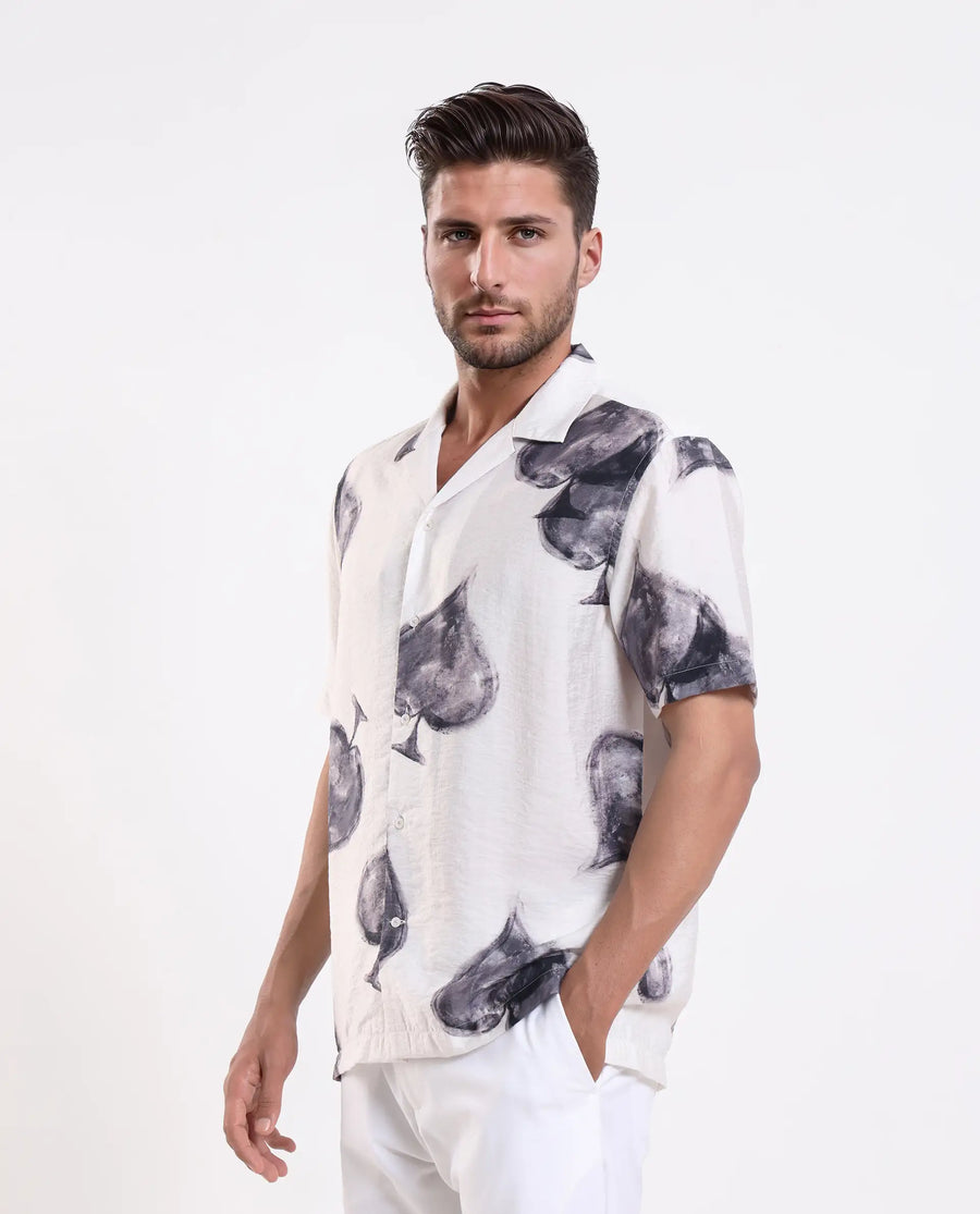 Rare Rabbit Men's Diam White Viscose Blend Digital Print Regular Fit Half Sleeve Cuban Collar Shirt
