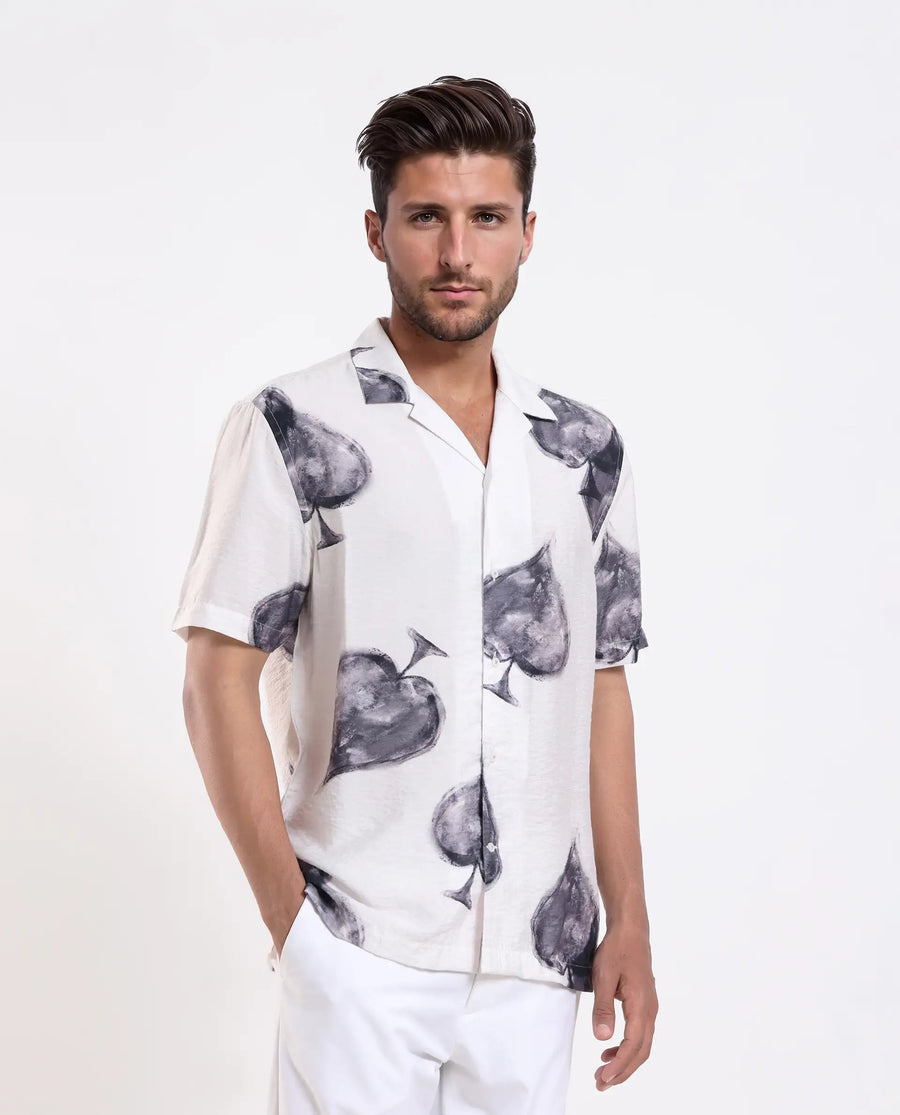 Rare Rabbit Men's Diam White Viscose Blend Digital Print Regular Fit Half Sleeve Cuban Collar Shirt