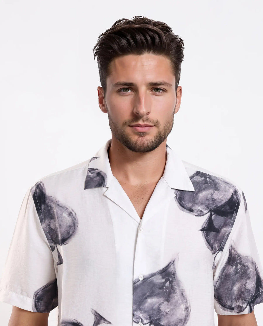 Rare Rabbit Men's Diam White Viscose Blend Digital Print Regular Fit Half Sleeve Cuban Collar Shirt