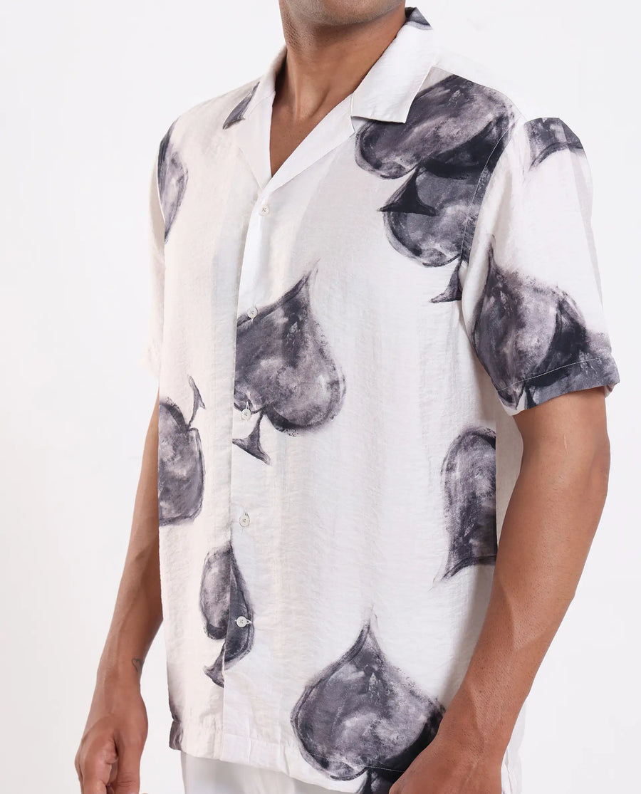 Rare Rabbit Men's Diam White Viscose Blend Digital Print Regular Fit Half Sleeve Cuban Collar Shirt