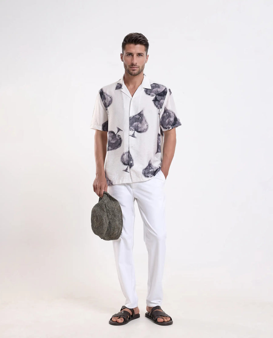 Rare Rabbit Men's Diam White Viscose Blend Digital Print Regular Fit Half Sleeve Cuban Collar Shirt