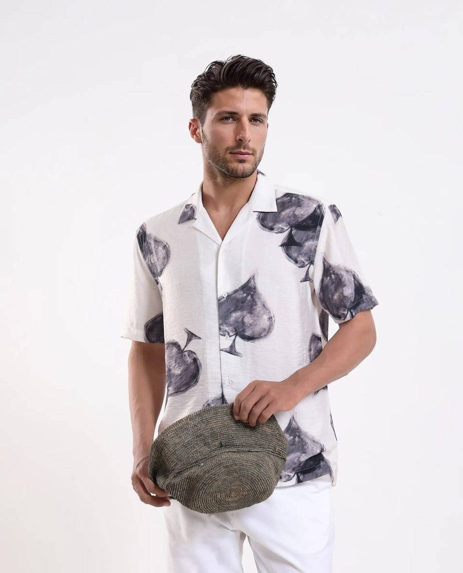 Rare Rabbit Men's Diam White Viscose Blend Digital Print Regular Fit Half Sleeve Cuban Collar Shirt