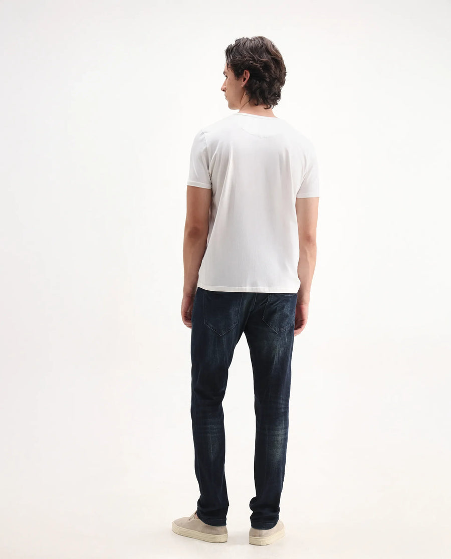 Rare Rabbit Men's Deigo Dark Blue Cotton Plain Hawk Slim Fit Jeans